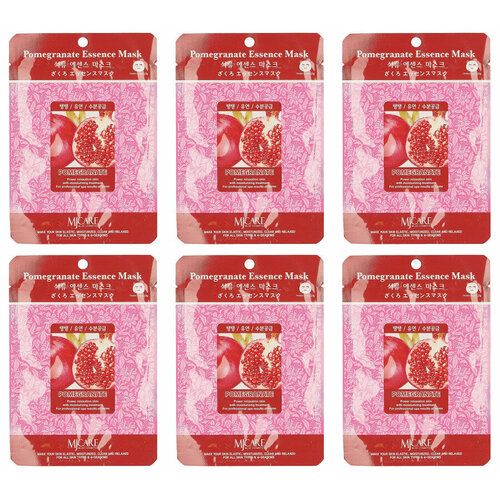 Mijin Маска тканевая для лица Гранат Pomegranate Essence Mask 23гр в уп, 6 уп тканевая 3d маска с экстрактом граната pomegranate natural essence 3d mask 23г