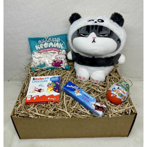Подарочный набор, бокс, Мягкая игрушка Кот панда 25 см, сладости Kinder шоколад, яйцо, маршмеллоу, BabyFox