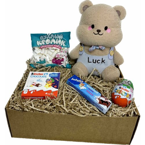 Подарочный набор, бокс, Мягкая игрушка Мишка-медведь 28 см, сладости Kinder шоколад, яйцо, маршмеллоу, BabyFox