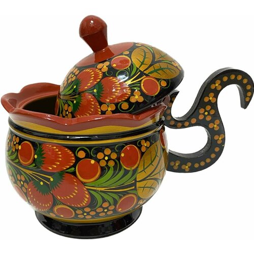 Сахарница резная деревянная С ручкой 90*120 мм хохлома