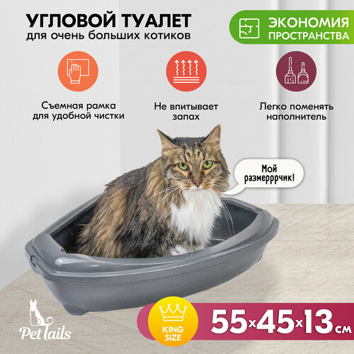 Туалет для кошек угловой с рамкой PetTails, глубокий (под наполнитель) 55*45*13см (полипропилен), серый туалет для кошек с бортом с рамкой pettails глубокий под наполнитель 42х30х15см серый