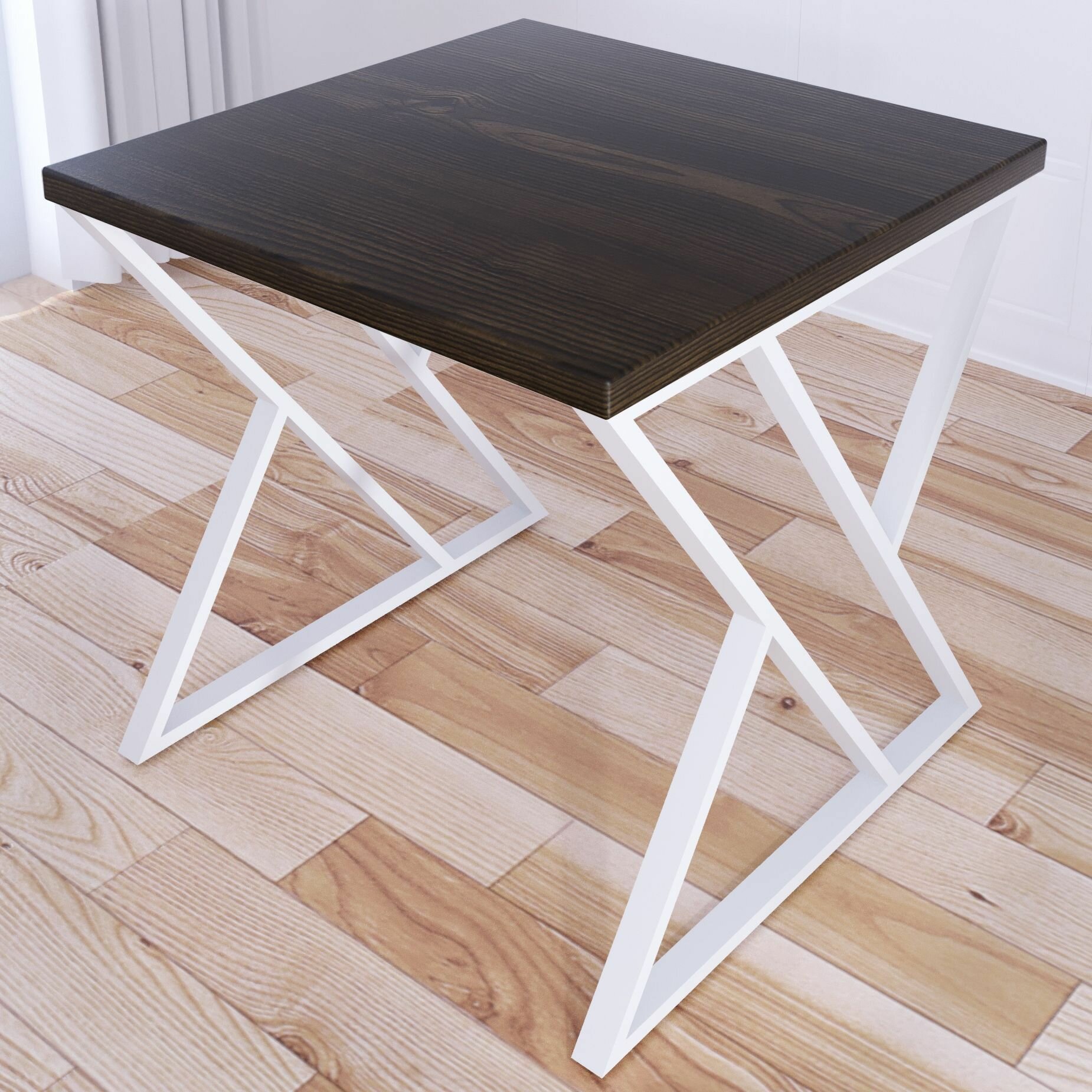 Стол кухонный Loft с квадратной столешницей цвета темного дуба из массива сосны 40 мм и белыми металлическими Z-образными ножками 70x70х75 см