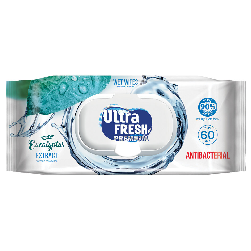 Ultra Fresh Влажные салфетки с экстрактом эвкалипта Premium Antibacterial 60шт с клапаном