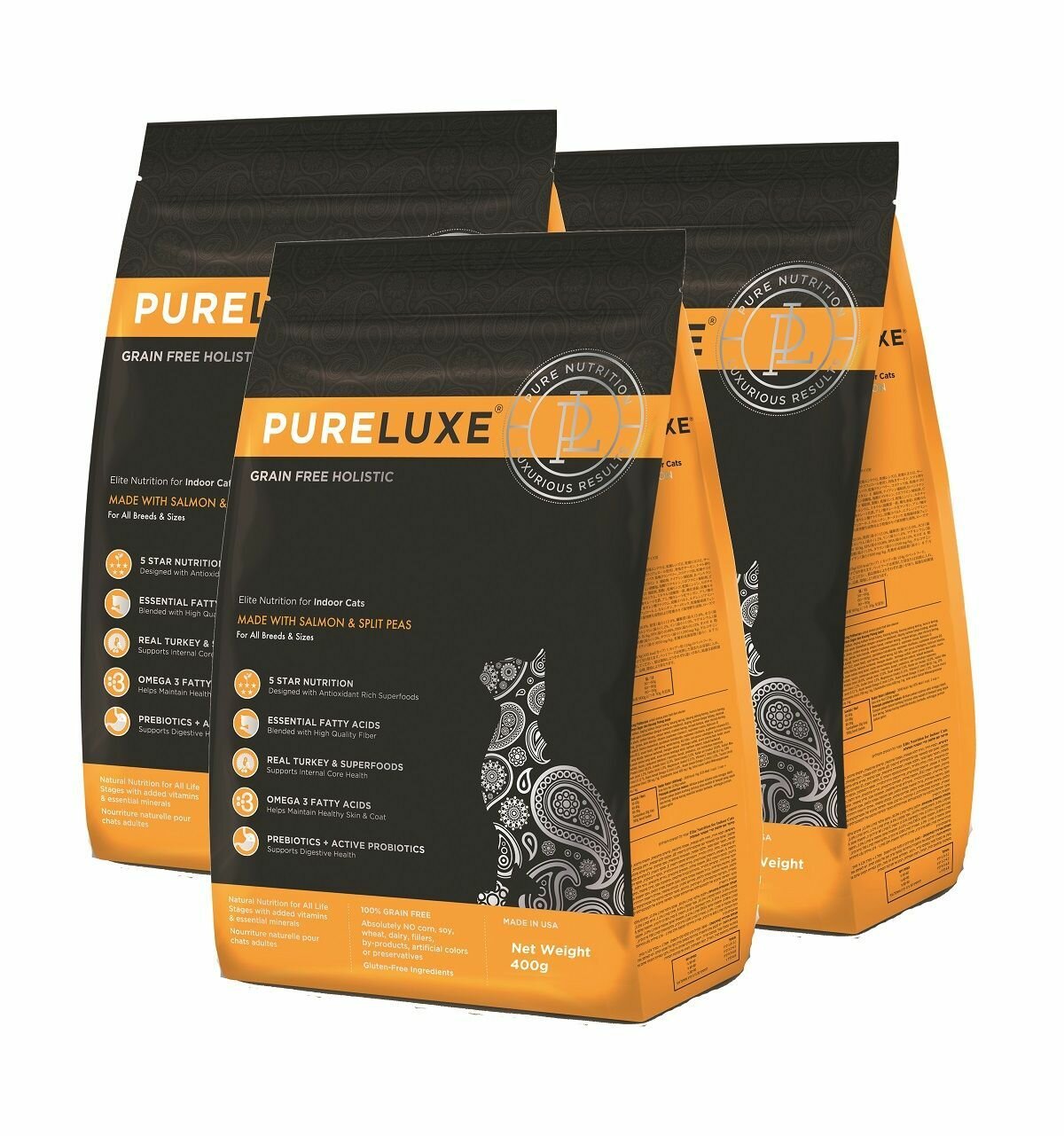 Сухой корм PureLuxe для домашних кошек с лососем и горошком, 3шт х 400гр