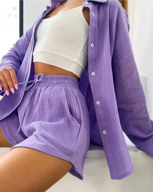 Костюм, рубашка и шорты, повседневный стиль, свободный силуэт, размер 44, фиолетовый