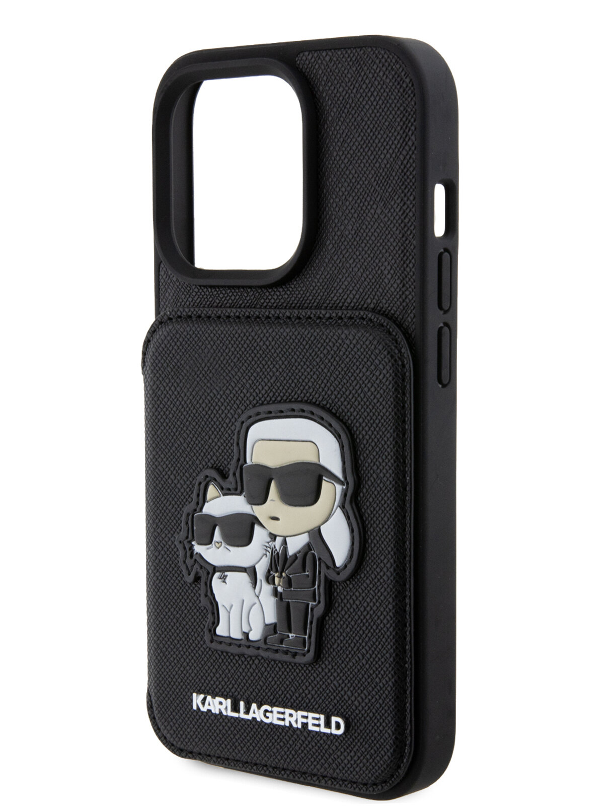 Lagerfeld для iPhone 15 Pro чехол Cardslot Stand PU Saffiano NFT Karl & Choupette Hard Black