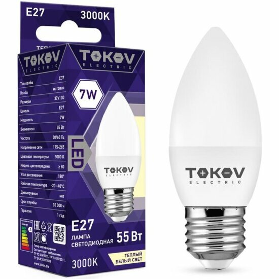 Светодиодная лампа Tokov Electric 7Вт С37 3000К Е27 176-264В TKE-C37-E27-7-3K