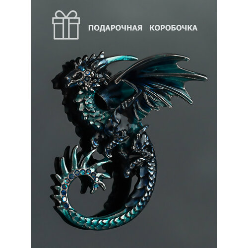 фото Брошь дракон стильный, бижутерный сплав, стразы, подарочная упаковка, синий petro-jewelry