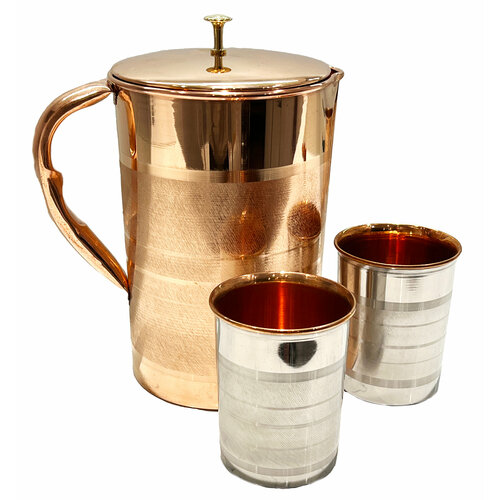 Медный кувшин с крышкой и два стакана для настаивания медной воды 2-2.5 л. Ручная работа