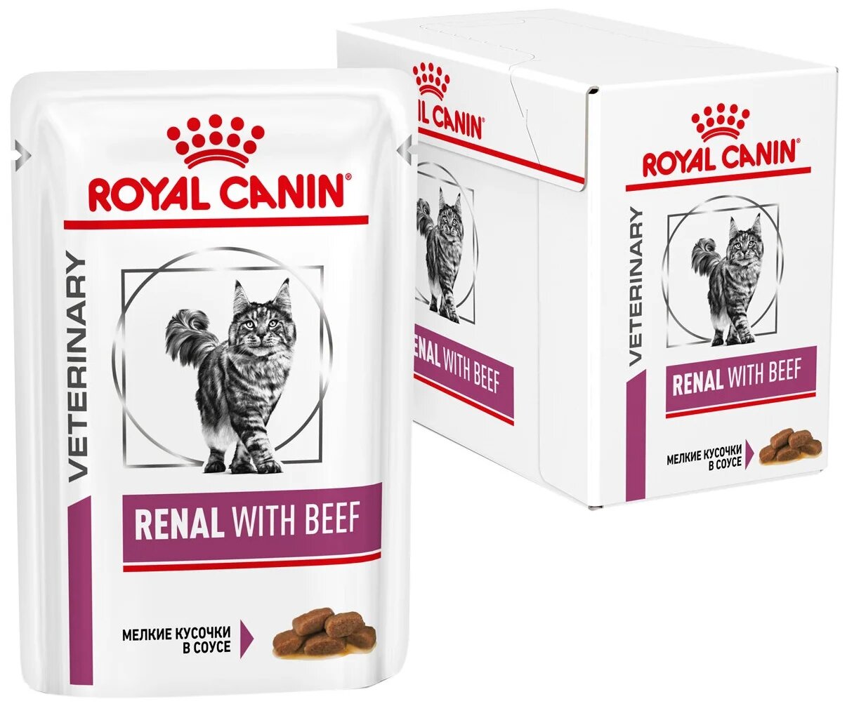 Влажный корм для кошек Royal Canin Renal with beef, при проблемах с почками, с говядиной 12 шт. х 85 г (кусочки в соусе)