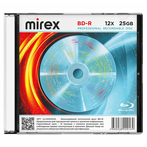 free shipping ritek 12x bdr 25g blu ray disc bd r 25gb blank media 50pcs lot Диск для записи Blu-ray, Mirex Slim 12X, 25GB