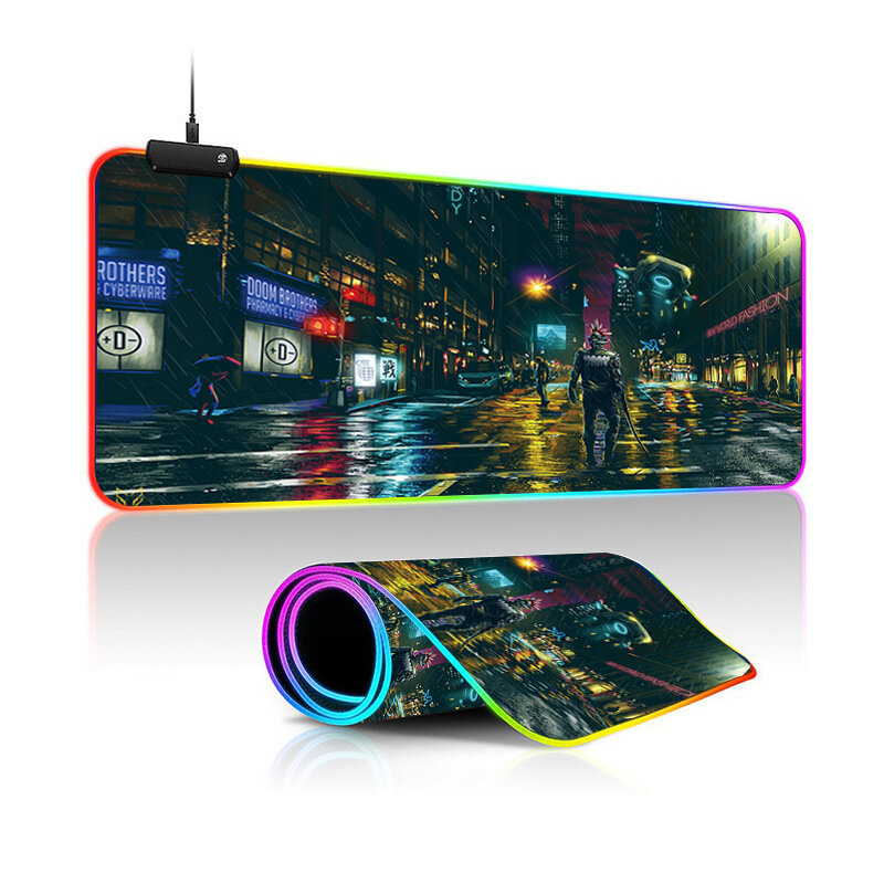 Игровой коврик для мыши с RGB подсветкой 800х300х4 мм, водоотталкивающее покрытие, 14 режимов, коврик для клавиатуры и мыши с принтом Ciberpunk.