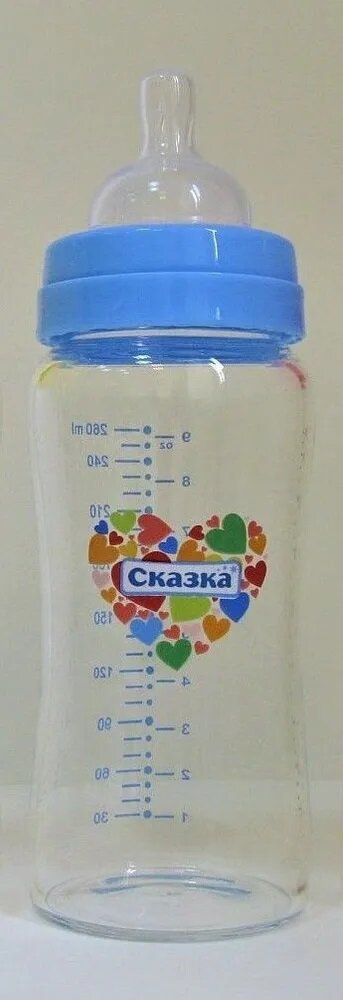 Рожок для кормления "Сказка" стекло (1024)с широким горлом, синий, 260 мл. А