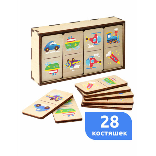 Домино детское деревянное Транспорт MEGA TOYS настольная игра домино классическое в металлической коробке 28 костяшек