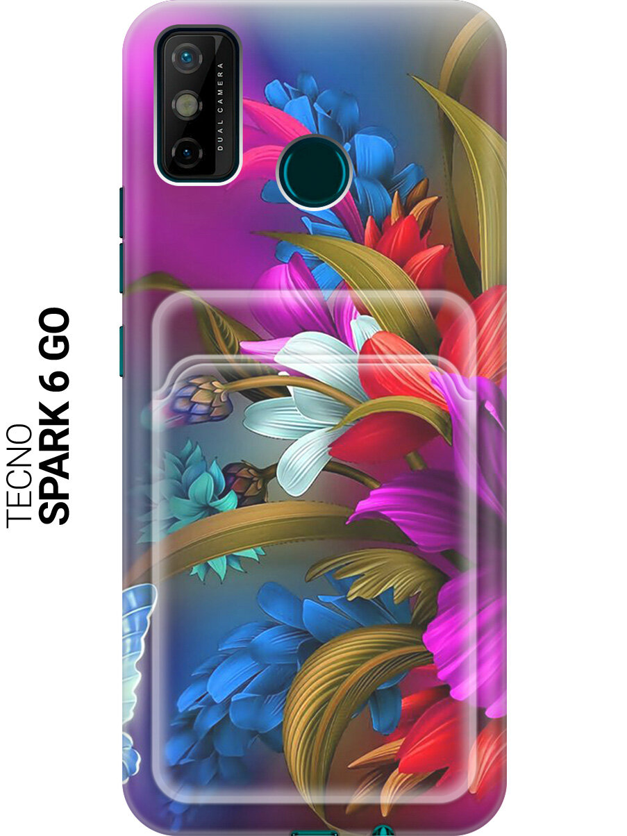Чехол с карманом для карт на Tecno Spark 6 Go / Техно Спарк 6 Го с принтом "Фантастические цветы"