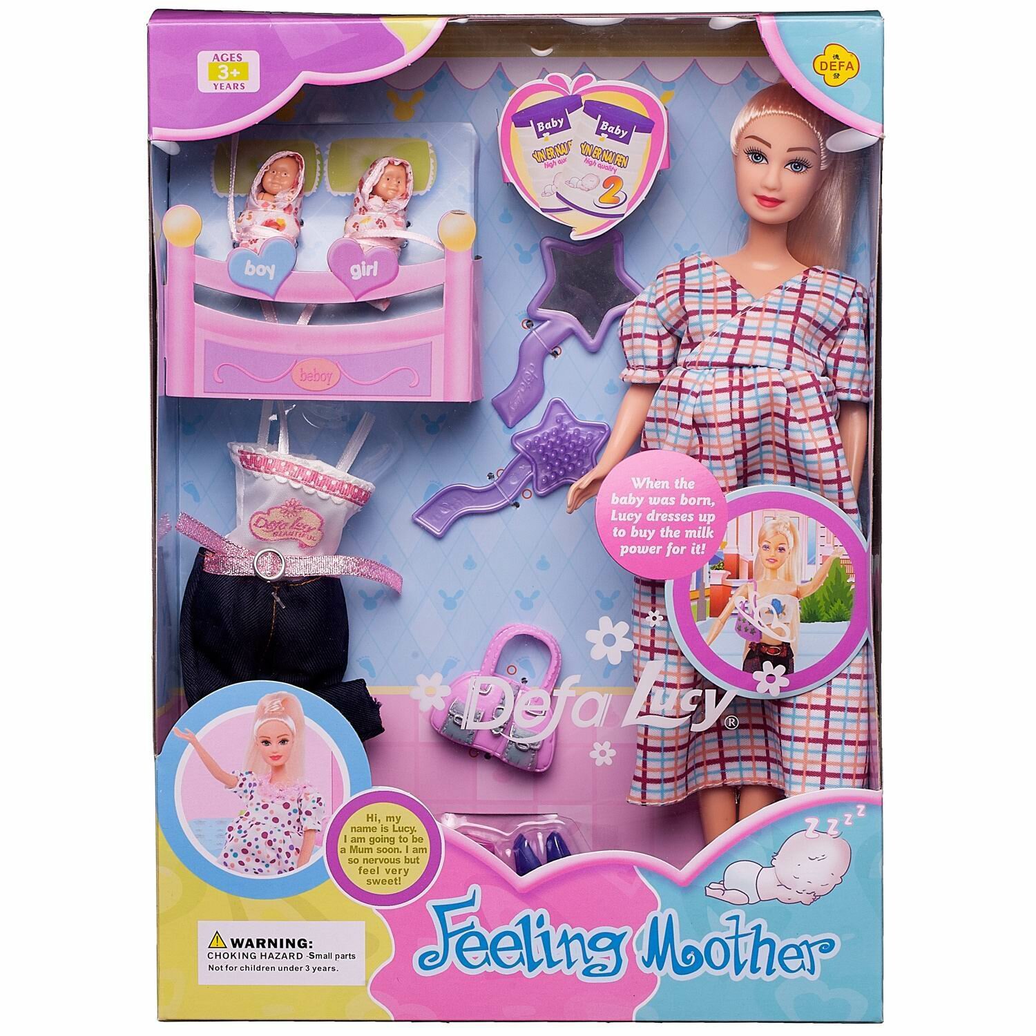 Игровой набор Кукла Defa Lucy Мама (платье в клеткус 2 малышами и игровыми предметами, 29 см 8009d/клетка
