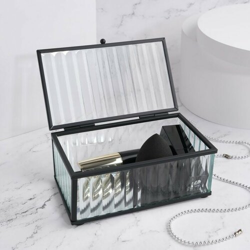 Органайзер для хранения «Ribbed», 1 секция, с крышкой, стеклянный, с зеркальным основанием, 14,5 × 8,5 см, цвет прозрачный/чёрный (комплект из 2 шт)