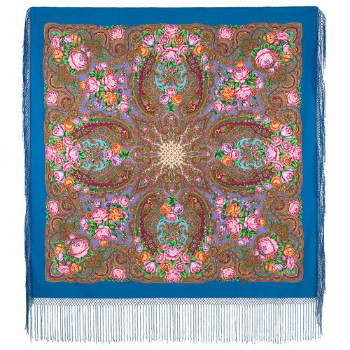 фото Платок павловопосадская платочная мануфактура,148х148 см, синий, розовый