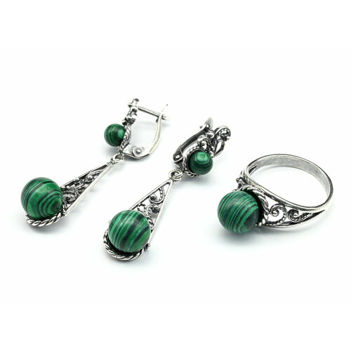 Комплект бижутерии: серьги, кольцо, малахит синтетический, размер кольца 20, зеленый
