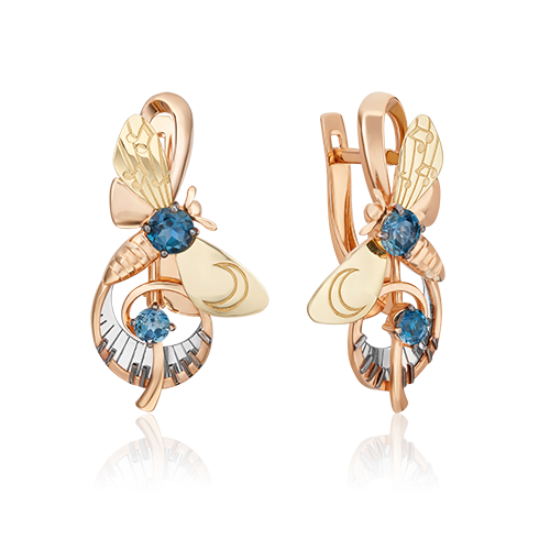 Серьги красное, комбинированное, желтое золото, 585 проба, Лондон топаз