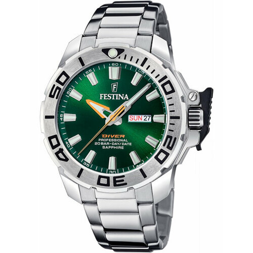 Наручные часы FESTINA, серебряный, зеленый часы pagani design dd36 мужские механические автоматические брендовые роскошные st16 мужские часы из нержавеющей стали с сапфировым стеклом