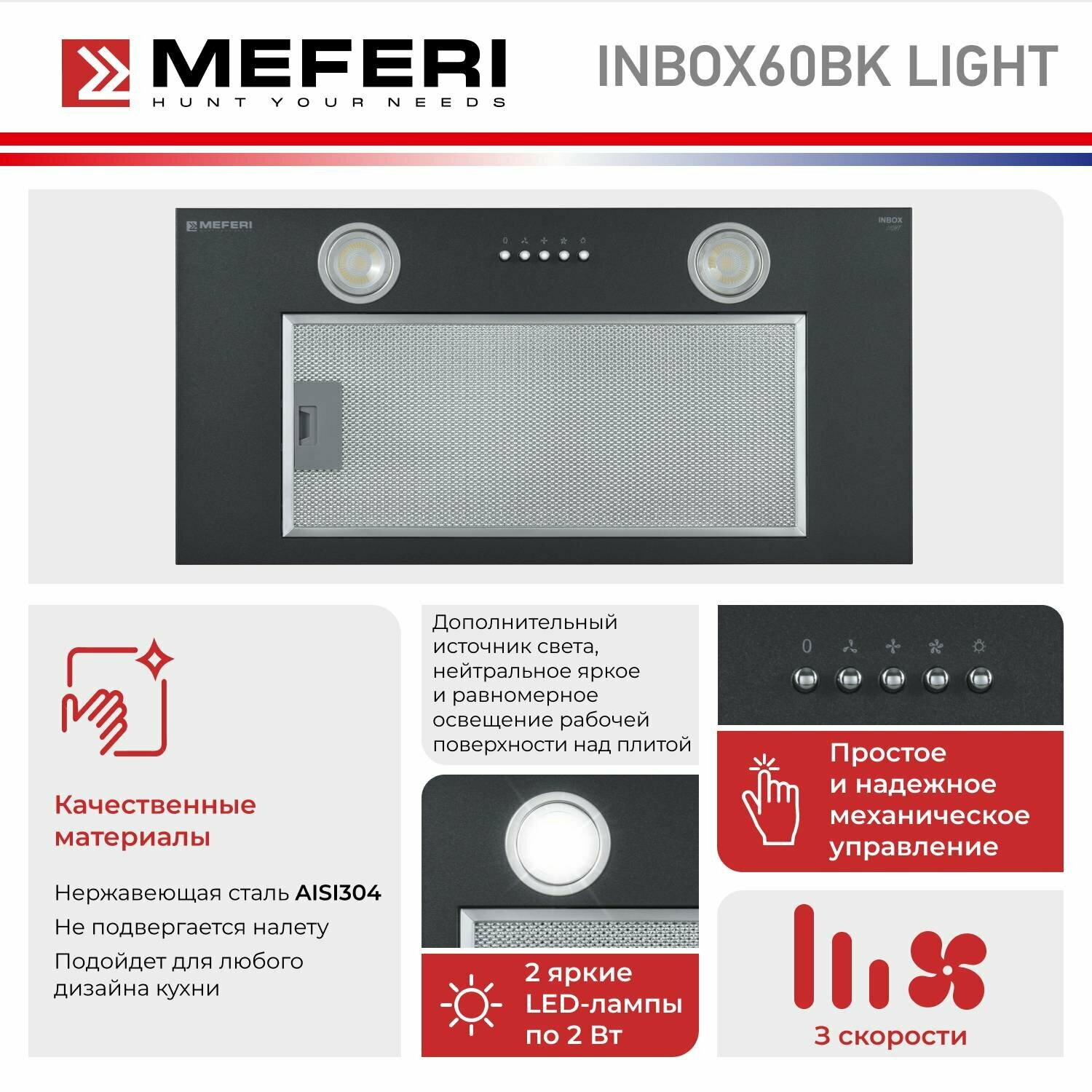 Полновстраиваемая вытяжка MEFERI INBOX60BK LIGHT, 650м3/ч, черный - фотография № 2