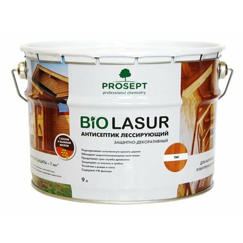 Антисептик лессирующий защитно-декоративный PROSEPT BiO LASUR тик 9 л + перчатки