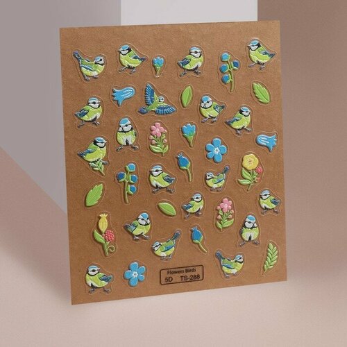 Наклейки для ногтей «Птенчики и цветы», объёмные, цвет голубой/жёлтый/зелёный