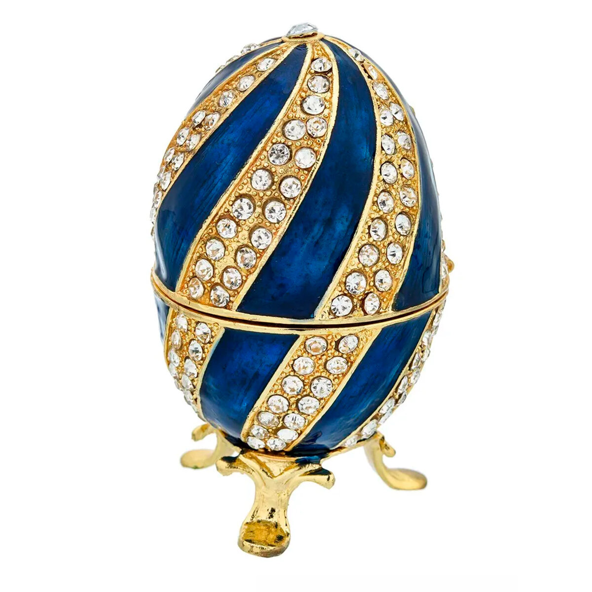 фото Яйцо шкатулка для украшений в стиле Фаберже со стразами, синяя, 10 см