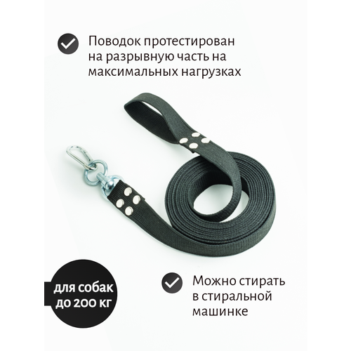 Поводок брезентовый для крупных пород с вертлюгом и альпинистским карабином 20 м х 35 мм (черный)