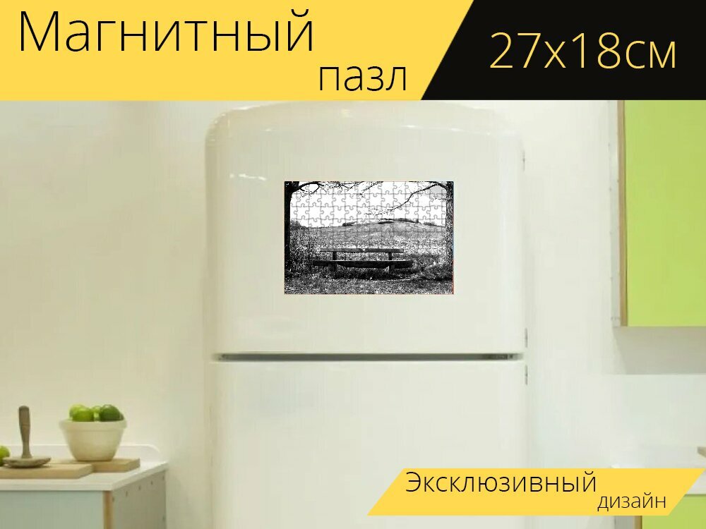 Магнитный пазл "Чернобелый, банк, деревянные скамьи" на холодильник 27 x 18 см.