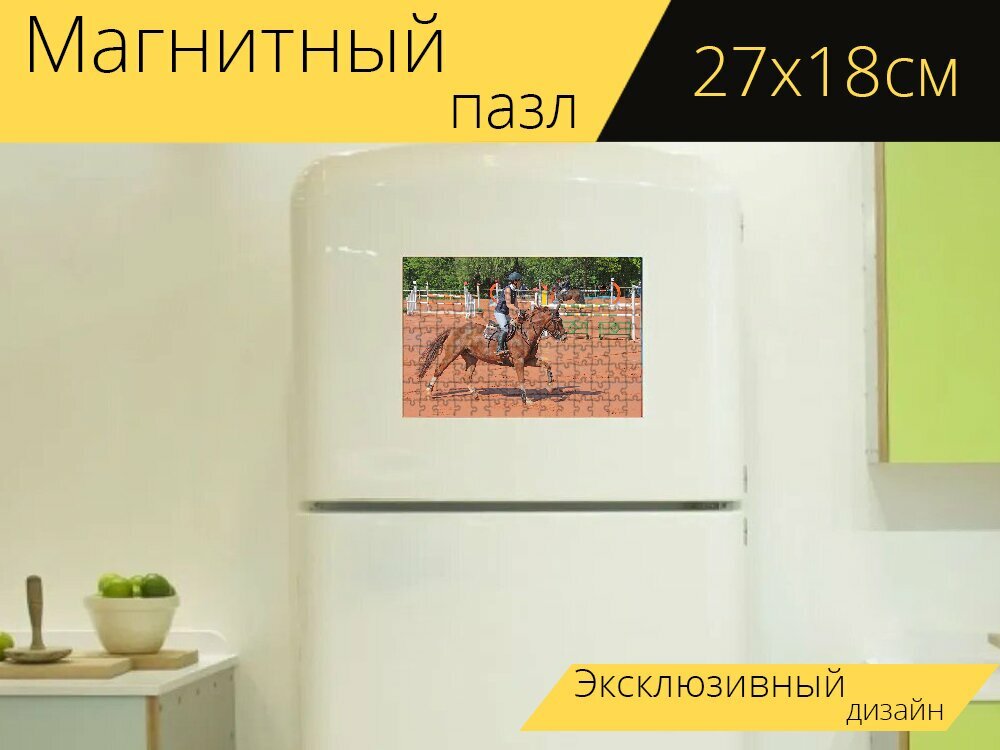 Магнитный пазл "Езда на лошади, конный спорт, лошади" на холодильник 27 x 18 см.