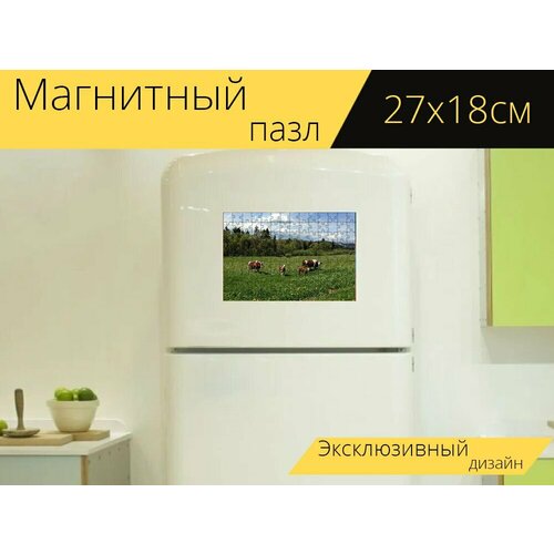Магнитный пазл Животное, коровы, луг на холодильник 27 x 18 см.