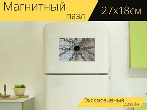 Магнитный пазл "Инвалидное кресло, колесо, цепи" на холодильник 27 x 18 см.