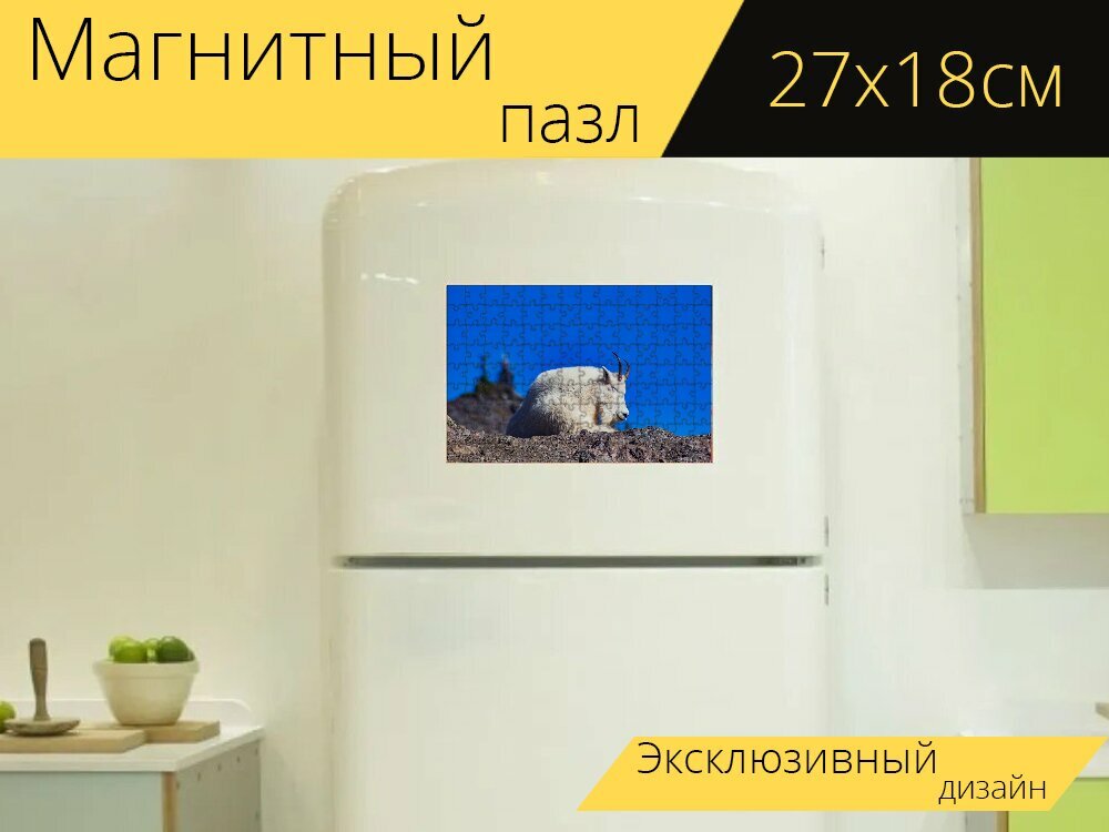 Магнитный пазл "Козел, отдыхающий, рога" на холодильник 27 x 18 см.