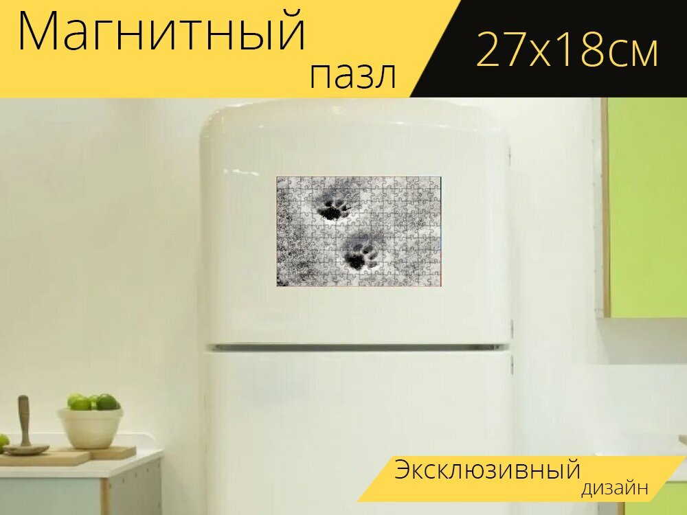 Магнитный пазл "Лапы, кошачьи лапы, отпечаток" на холодильник 27 x 18 см.