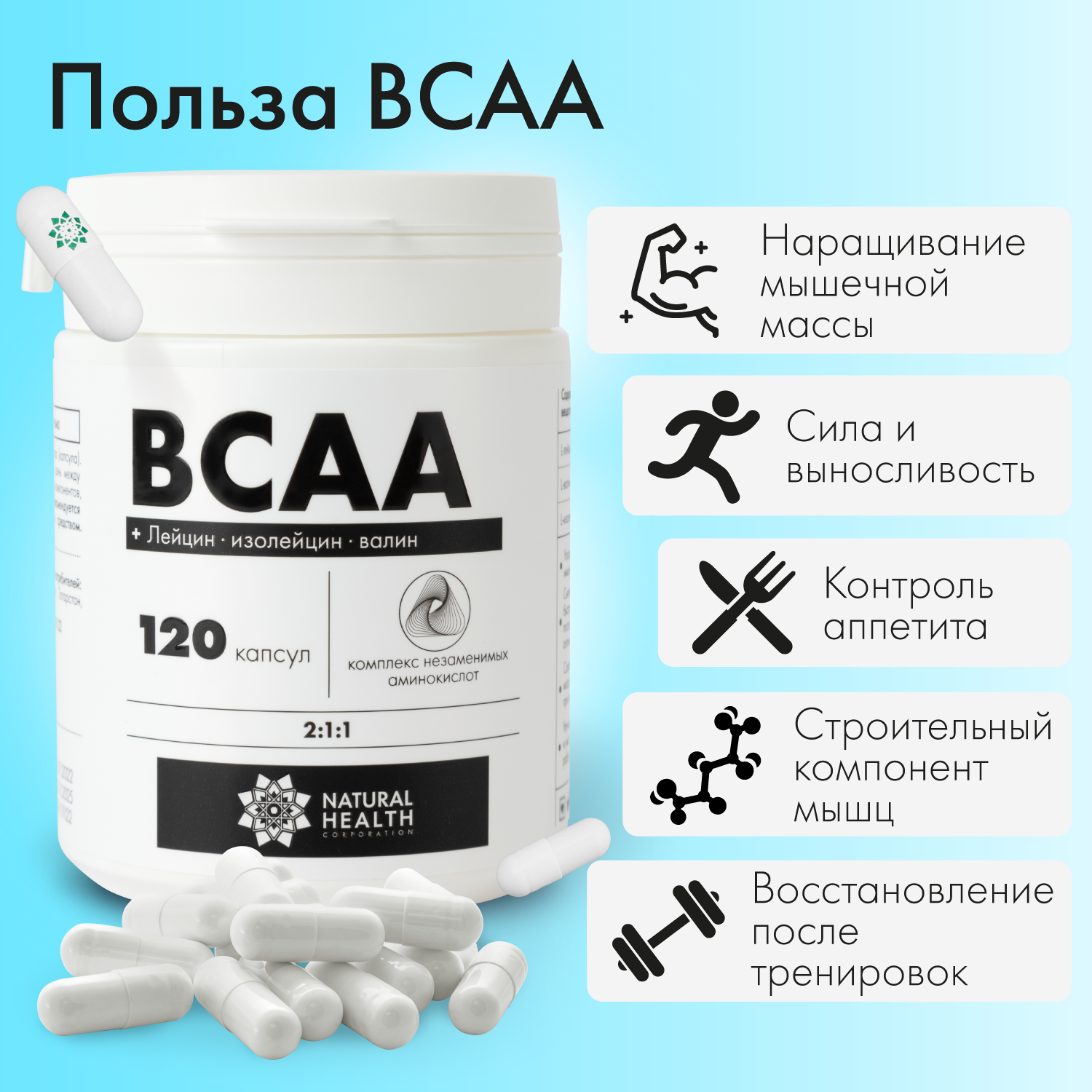 Аминокислоты BCAA 2:1:1 Natural Hеalth в капсулах, 120 капсул без добавок, спортивное питание для мужчин и женщин, L-лейцин, L-изолейцин, L-валин.