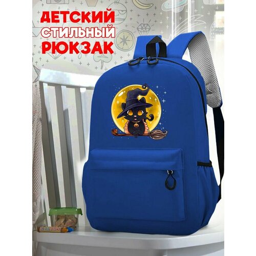 Школьный синий рюкзак с принтом хэллоуин Котик (тыква, ведьмочка, черный котенок, милый, звезды, cute) - 1503