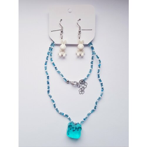 фото Комплект бижутерии: колье, подвеска, серьги, размер колье/цепочки 45 см, голубой андрюшина е.в