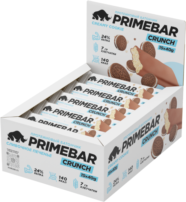 Prime Kraft Primebar Crunch - Протеиновый батончик с высоким содержанием белка. 15 штук по 40 грамм (Сливочное печенье)