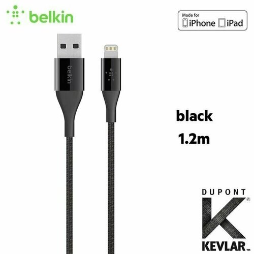 Кабель Belkin Mixit DuraTek Kevlar USB 8 pin Lightning для Apple iPhone 5 5S SE 6 6 Plus 6S 7 8 X (10) Xr Xs Max / 11 11 Pro 12 Mini 13 Pro Max SE 2022/14/iPad/iPod/AirPods 1.2 м Нейлон Черный (Black)