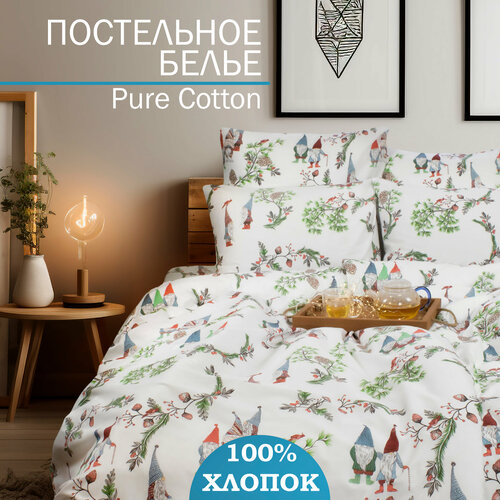 Новогоднее постельное белье евро Cleo PURE COTTON гномики, комплект, хлопок, поплин