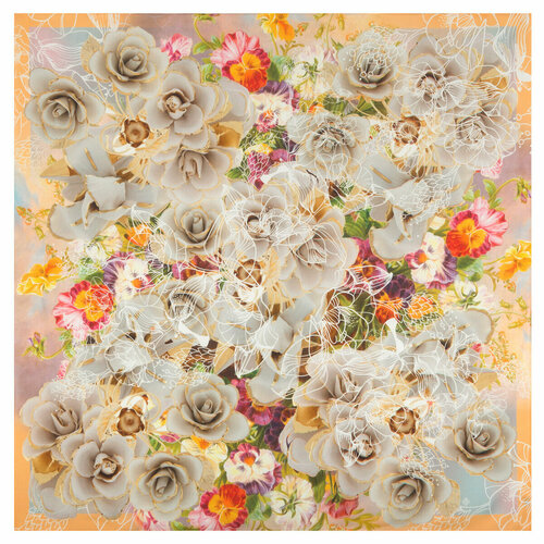 фото Платок павловопосадская платочная мануфактура,135х135 см, золотой, оранжевый