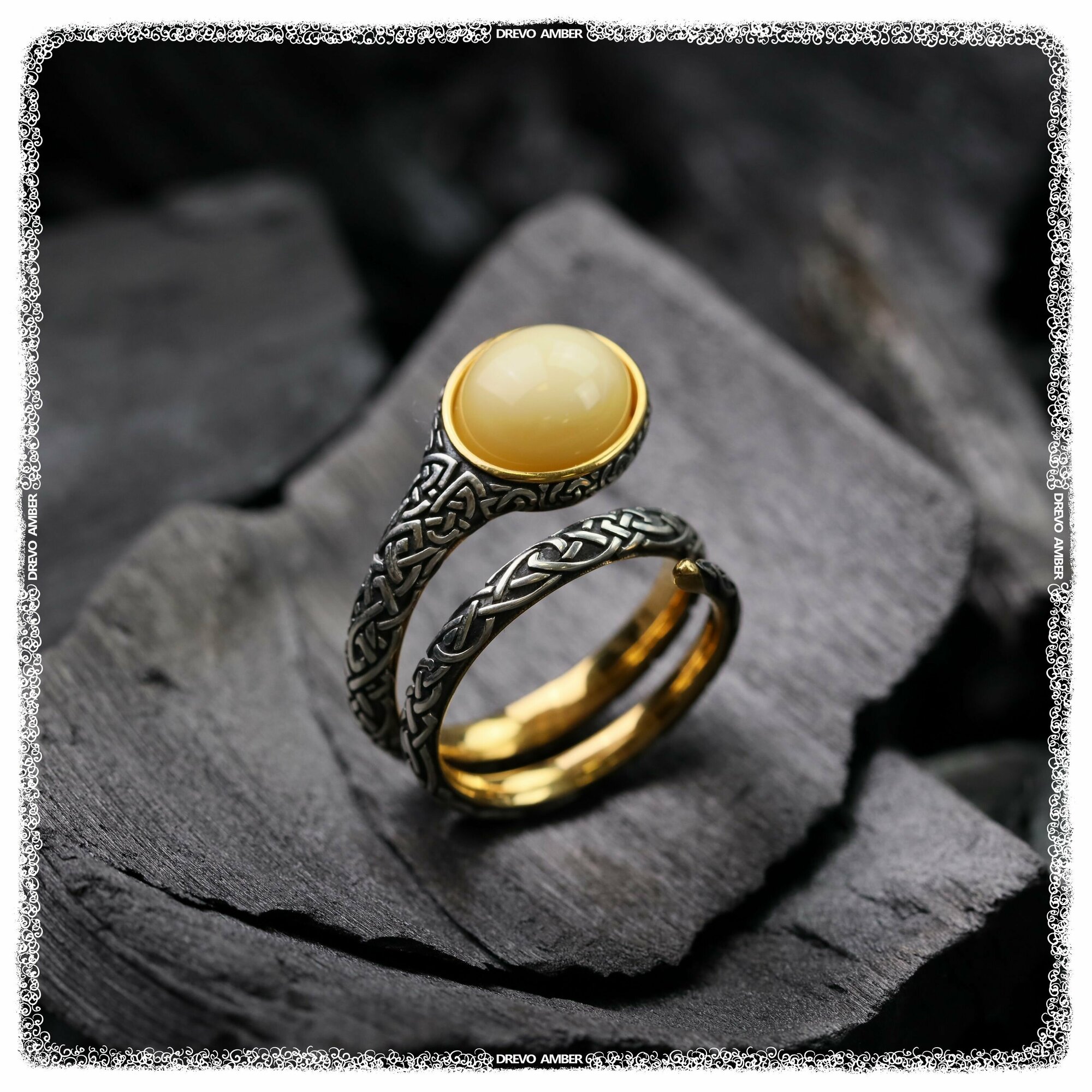Кольцо DREVO Серебряное кольцо с янтарной вставкой, серебро, 925 проба, золочение, янтарь