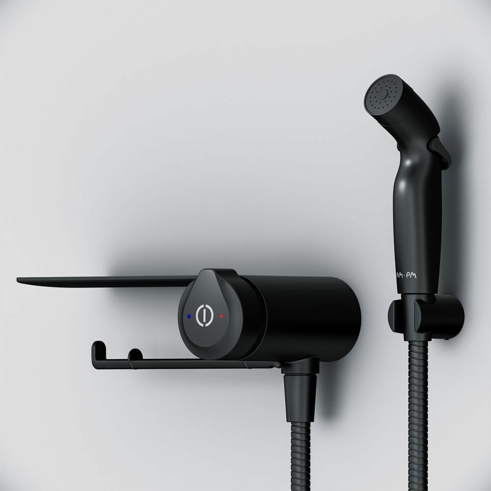 Гигиенический душ со смесителем AM.PM X-Joy, TouchReel черный, с полка, держатель для туалетной бумаги, крючок — фото 1