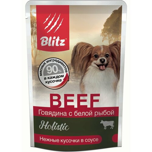 BLITZ Корм консервированный полнорационный для взрослых собак мелких пород говядина С белой рыбой кусочки в соусе 85 гр, 24шт