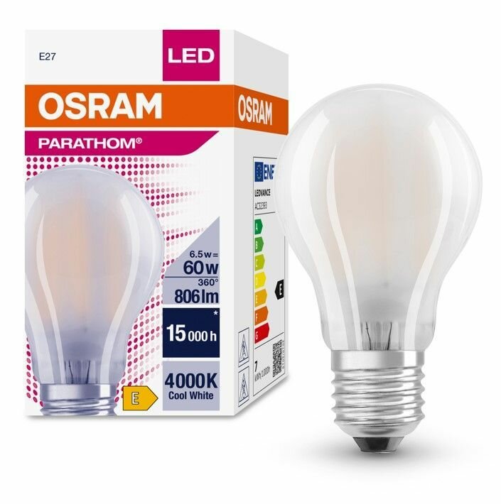 Лампочка светодиодная Osram 7W=60W 220V E27 Груша матовая A PARATHOM 806Лм Филаментная 4000K упаковка 1шт.