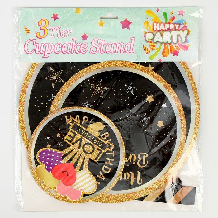 Подставка для пирожных «С днём рождения», цвет чёрно-золотой - фотография № 4