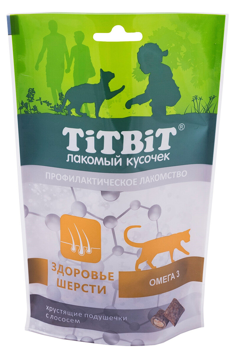 Лакомство TIT BIT для кошек хрустящие подушечки с лососем для здоровья шерсти (60 гр х 2 шт)