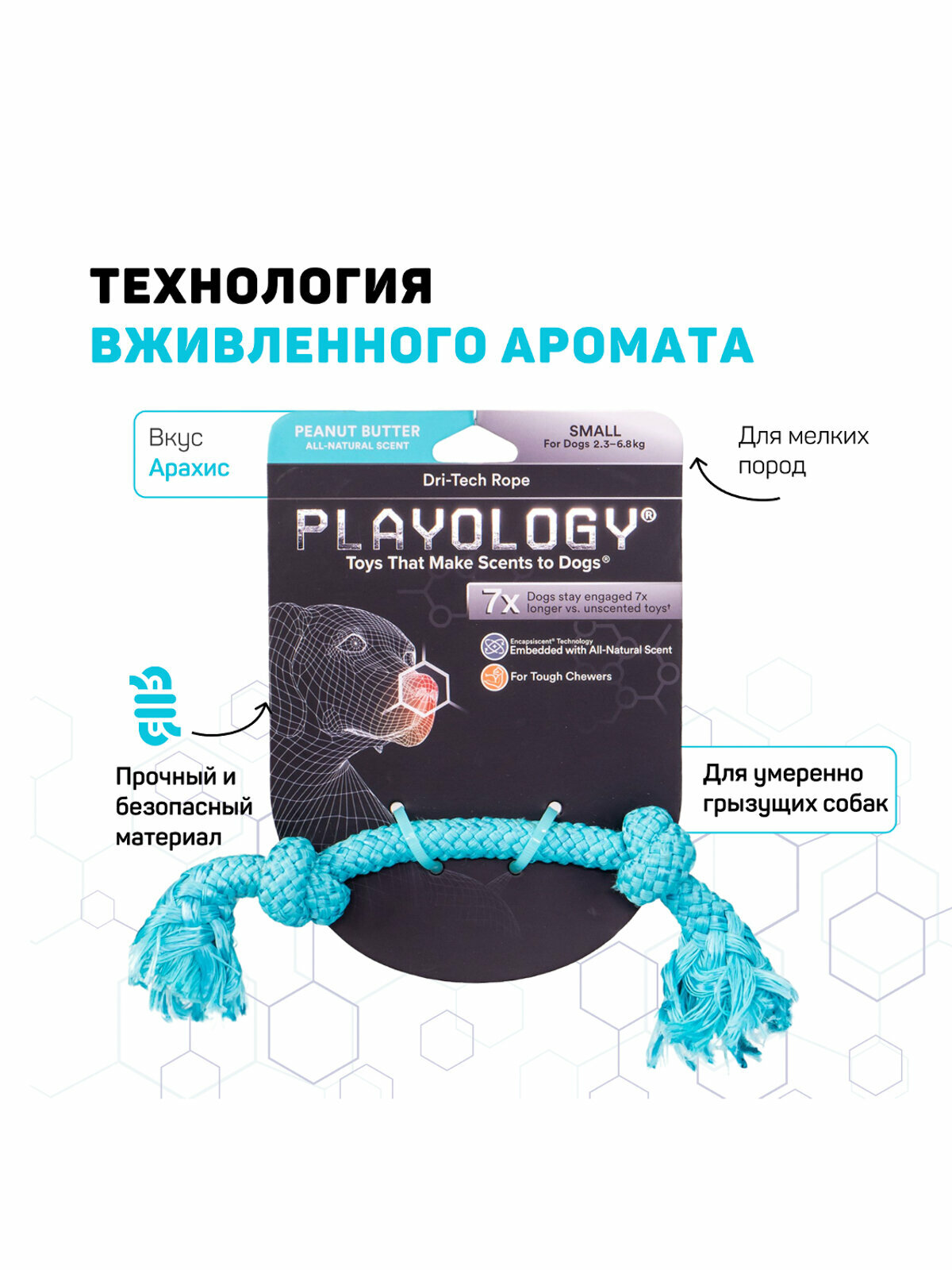 Playology Dri-Tech Rope жевательный канат с ароматом арахиса (23 см., Голубой) - фото №4